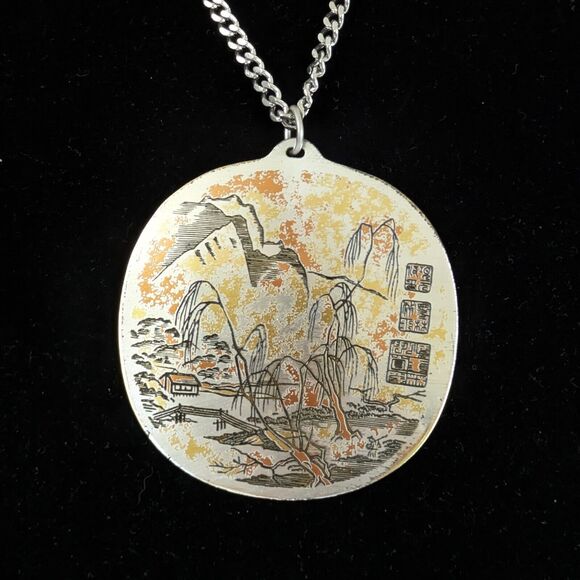 Reed and Barton Damascene Asian Large Pendant with 24" Chain Vintage 70's Signed - Picture 1 of 7